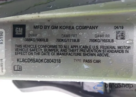 2019 Chevrolet Spark 1Lt Cvt z USA, uszkodzony, nr VIN KL8CD6SA0KC804318